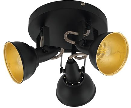 EGLO Deckenstrahler Thornton, Deckenlampe mit 3 Spots, Vintage Deckenleuchte Wohnzimmer, Retro Lampe Decke, Wohnzimmerlampe aus Metall in Schwarz Gold, E14 Fassung, Ø 21 cm