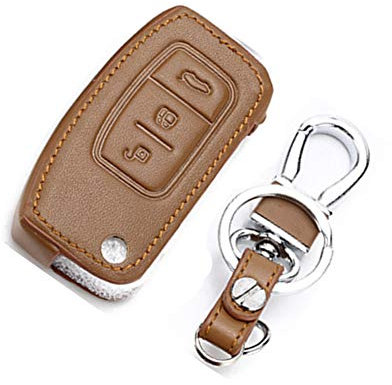 Wondder Cas de Couverture de Clé de Voiture en Cuir Porte-clés de Coiture pour Ford Fiesta Focus 2 MK2 Ecosport Kuga Escape 3 Boutons Clé Fob Intelligente (Brun)