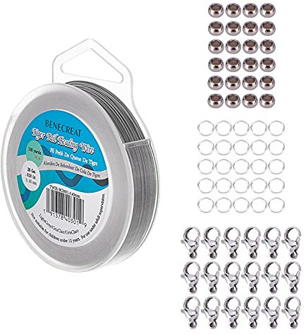 BENECREAT 90 m 0,46 mm filo di perline in acciaio inox a 7 fili per braccialetti e artigianato, con anelli di salto 200 pz, perline da schiacciare 50 pz, fermagli per artigli di aragosta 30 pz