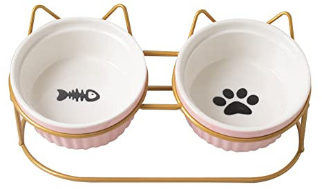 Koomiao Gamelles Surélevées pour Chat Bol Double pour Chat Déjeuner Céramique(2x400ml), Inclinable à 15° Gamelle Animaux pour Nourriture/Eau (Rose - Or)