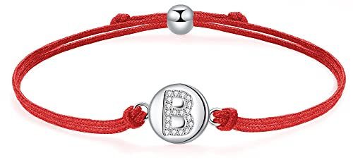 J.Endéar Glück Rotes Kordelarmband mit Buchstabe B für Damen Silber 925, Zirkonia Armband Mädchen, Verstellbares Armband Jungen Schmuck