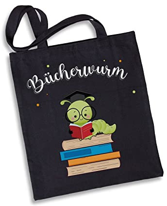 Tassenbrennerei Baumwolltasche mit Spruch Bücherwurm - Büchertasche, Einkaufstasche lustig - Geschenk für Leseratten (Schwarz)