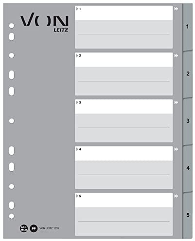 VON Leitz 10er Pack Zahlen-Register A4, 1-5 nummerierte Trennblätter für Ordner, PP, Extra breit, 11-Loch-Universalregister für Schnellhefter & Ringbücher, Grau, 12590085
