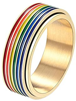 KnBoB 8MM Ring Spinner, Gold Regenbogen Flaggen Ring Edelstahl Anti Stress Ring für Herren Größe 65 (20.7)