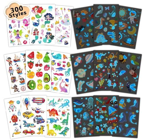 Leesgel 20 Blätter Tattoo Kinder, Gemischte Kindertattoos - Leuchtende Tattoo Sticker + Glitzer Tattoos Aufkleber Kinder Tattoo, Mitgebsel Kindergeburtstag Gastgeschenke Mädchen Jungen Spielzeug