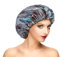 Fishent Shower Cap, Large Shower Caps for Women Reusable Double Layer Waterproof, Adjustable Extra Large Shower Cap for Long Hair and Braids（Cyan Print)