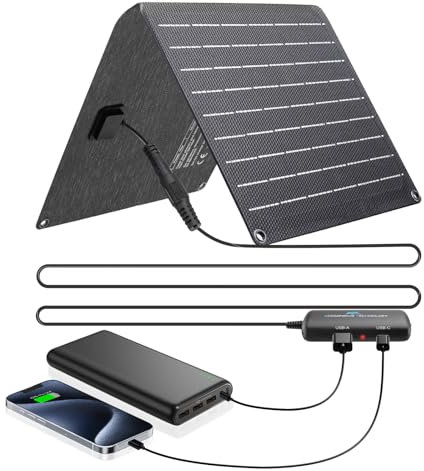 Ecosonique 10W Chargeur Solaire ETFE, 2 Ports USB-A & USB-C(5V/2A) avec Hub d'alimentation DéTachable, IP67 Étanche Ultra Léger pour Téléphone, Tablettes, Smartphones, Voyage, Jardin