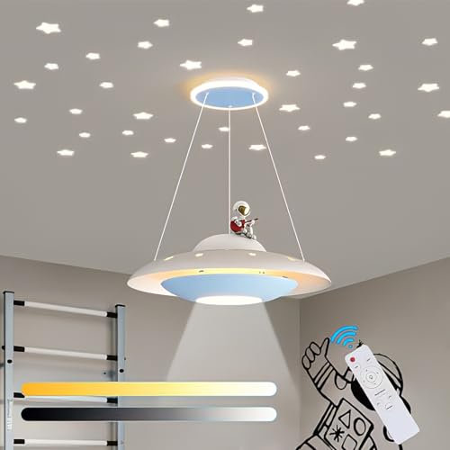 LED Kinder Deckenlampe Dimmbar Deckenleuchte mit Fernbedienung 36W Hängelampe Kinderzimmer Astronaut Planet Lampe Höhenverstellbar Pendellampe für Junge Mädche Schlafzimmer Kindergarten (A)