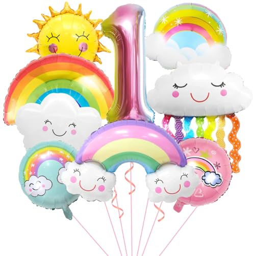 Regenbogen Geburtstagsdeko 1, Folienballon Wolken, Zahl 1 Ballon, Luftballons Wolken Quasten, Helium Ballon Sonne, für Jungen Mädchen Geburtstag Party Dekoration