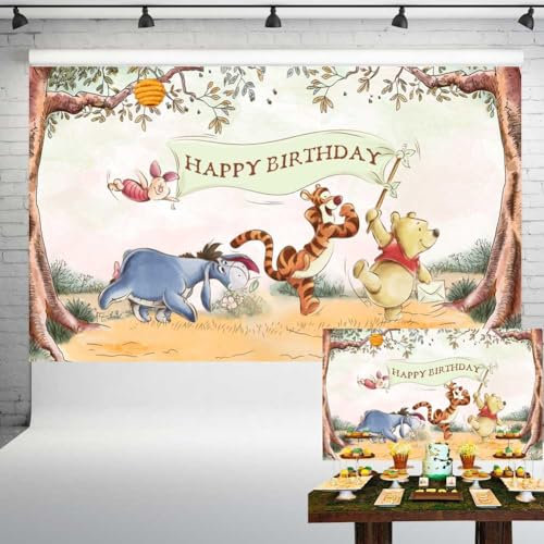 303 Vintage Pooh Bär Happy Birthday Hintergrund Classic Winnie and Friends in Woods Hintergrund Neutral Grün Party Dekorationen 1,5 x 0,9 m