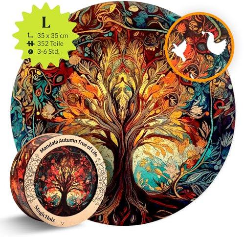 MagicHolz – Holzpuzzle Mandala Herbstbaum des Lebens – rundes Holz Puzzle Ø 35 cm – besondere Geschenkidee für Erwachsene & Kinder – inkl.Premium Holzbox