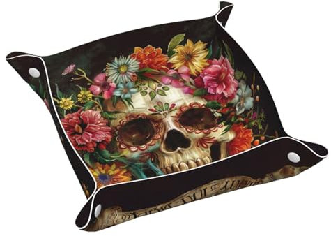 Nachttisch-Organizer, Tag der Toten, Totenkopf, Blumen, Schreibtisch-Aufbewahrungsplatte, Auffangbehälter für Kleingeld, Schmuck, Schlüssel, Telefon, Uhren, Würfel