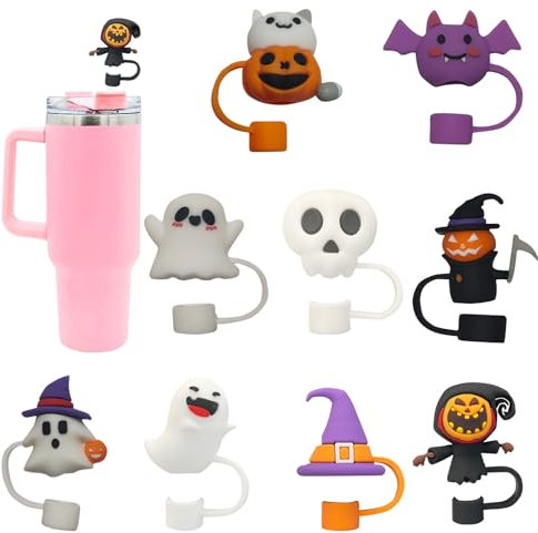 Stanley Cup Zubehör 9 Stück Halloween Deko Silikon Strohhalm Abdeckungen - Wiederverwendbar, Staubdicht, für 10mm Strohhalme