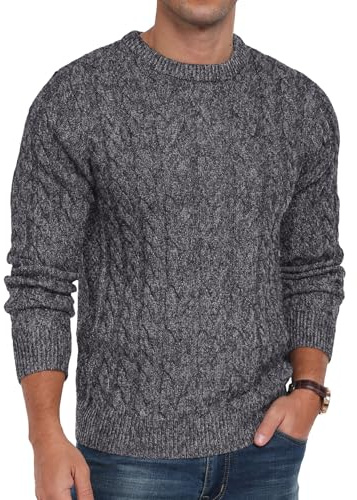 QIXING Men's Cable Knit Jumper Crew Neck Casual Long Sleeve Chunky Knit Sweater with Ribbing Edge(VG Dark Gray, M)