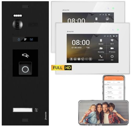 Balter EVO HD Schwarz/Weiß Video Türsprechanlage mit Fingerprint Set für 1 Familienhaus (1x Türstation mit Full HD-Kamera, 1x7 Zoll WiFi +1x7 Zoll Monitor, 2-Draht Bus, RFID, 175° Weitwinkel, APP)