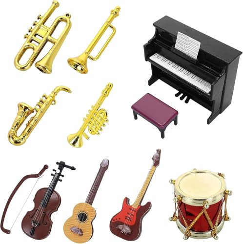 Miniatur Wichtel Zubehör, 11 Stück Miniatur Instrumente, Puppenhaus Mini Musikinstrument Modell 1:12 Klavier Violine E-Gitarre Trompete Saxophon Modell Zubehör für Puppenhaus Mini Musikzimmer
