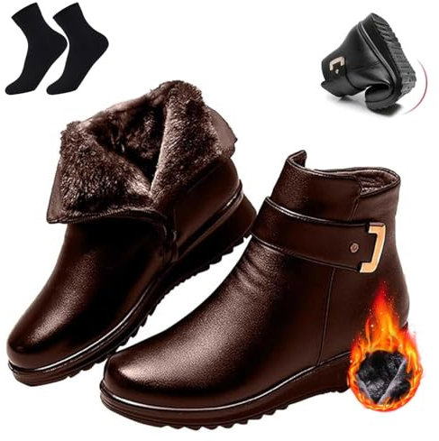 HESYSUAN Stivali ortopedici da donna in vera pelle con fibbia in metallo, stivali ortopedici invernali in pelle di velluto caldo per mamma anziana (marrone, 42./)