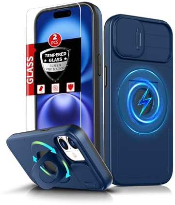 FRLMOOES for iPhone 16 Case Magnetic with Kickstand, Built-in Camera Cover | Compatible with MagSafe Wireless Charging,with 2 Screen Protectors,Anti-Scratch Shockproof Heavy Duty Protection Phone,Blue