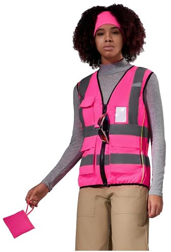 AYKRM Gilet de sécurité femme Rose Fermeture à glissière poches Gilet de fluorescent réfléchissant haute visibilité femme