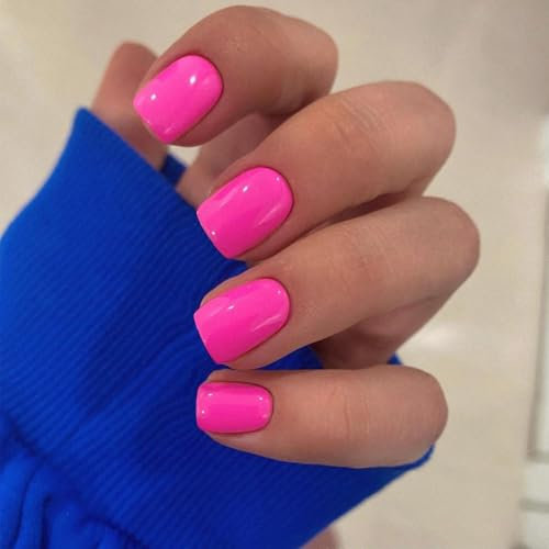 SXVME Hot Pink Press on Nails Short Square Acrylic Short False Nails Coffin Natural Acrylic Fake Nails Set Elegant Solid Color Full Cover Glossy Gel Stick on Nail for Women Daily Wear 24 Pcs