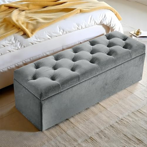 Harveys Living Chesterfield Ottoman Storage Box - Fabric Button Style Engineered Wood Luxurious Plush Velvet Ottoman Storage Bench - (Grey, No Legs)