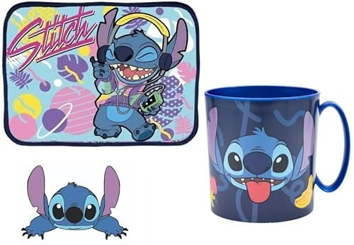 Set Merenda Colazione 2 Pezzi con Tovaglietta Ripiegabile Morbida Sottopiatto Pieghevole e Tazza Bicchiere 350ml per Microonde (per STITCH)