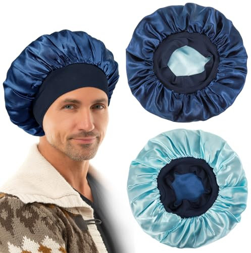 Abeillo Wendbare Duschhaube für Herren, Blumenpflanzen Satin Schlafhauben Doppellagige Seidenhaube zum Schlafen Haarhaube mit Bindeband(Marineblau)