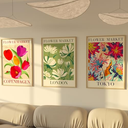ZoeyAustin® 3 Doppelseitiges Kunstdruck Poster Set, Stilvolles Wandposter, 3 Wandbilder, Beidseitige Bilder (Flower Market, 48x68cm)