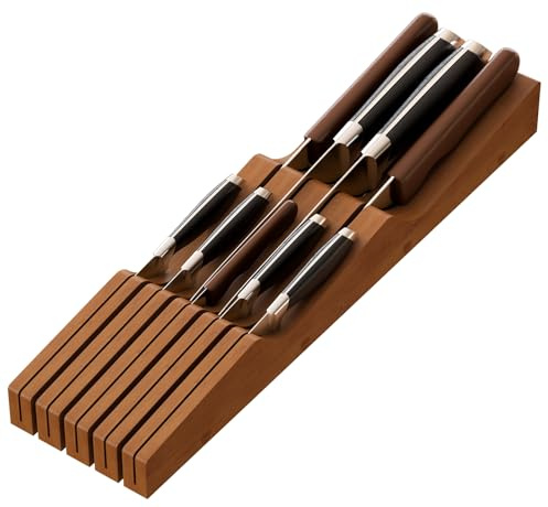 Knife Drawer Organizer, Bamboo Wood Knife Organizer Drawer Insert, Brown Knife Block Fit for 9 Knives