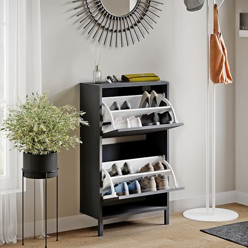 KOMTO Schuhschrank Schmal - Schuhregal Geschlossen mit 2 Klappen | Schuhkipper Anthrazit Trek 55 x 25 x 96 cm (BxTxH)