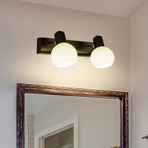 Mengjay Wandleuchte Innen Badezimmer Wandlampe,Bad Spiegelleuchte,Vintage Industrie Wandleuchten E14 Metall Modern Wandbeleuchtung Glasschirm für Schlafzimmer Wohnzimmer Küche (Schwarz, 2 Flammig)