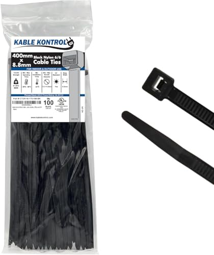 Kable Kontrol Black Cable Ties, 400 mm x 9 mm, Pack of 100, 16 Premium Nylon Zip Ties, Multi-Purpose Plastic Tie Wraps, Secure Self-Locking Mechanism, for Home, Garden, Office and DIY