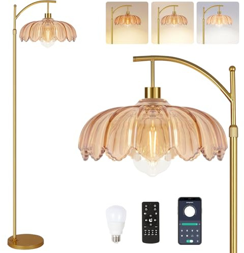 Qiyizm Lampadaire Salon Chambre à Coucher Lampe de Sol à Intensité Variable en Laiton Doré avec Télécommande - Style Milieu du Siècle Moderne - Lampe Haute Rétro Vintage en Verre
