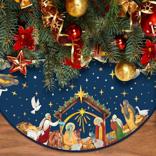 Christlicher Weihnachtsbaumrock, 61 cm, religiöse Jesus-Krippe, Weihnachtsbaummatte, marineblau, Weihnachten, Urlaub, Jesus, Innen- und Außenbereich, Party-Dekoration