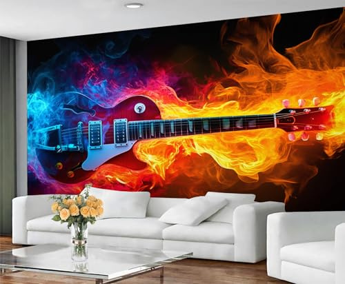 GIVLWF Wallpaper - Guitar Music Home Decor & Mural, Flame Electric Guitar Bedroom Wallpaper, Rock Music Lovers Wall Paper for Living Room, Large Wall Mural (Not Self-Adhesive)