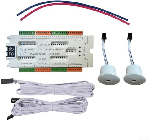 32 Channel LED Stair Light Motion Sensor Controller Kit with Dual A/B Sensors, 12V-24V DC Input, Adjustable Lighting Modes, Brightness and Flow Speed, Indoor Staircase Step Light Automation