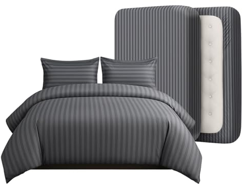 Casabella Duvet Cover Sets - 4 Pc Luxury Super King Duvet Set Brushed Microfiber Duvet Full Set - Duvet Cover, Fitted Sheet & Pillowcase 2 Pack - Soft & Durable Super King Duvet Set - Stripe Grey