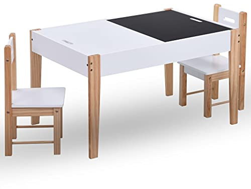 Kindertisch- und Stuhlset mit Kreidetafel, Stauraum, für 6 Bis 12 Jahre, Schwarz und Weiß