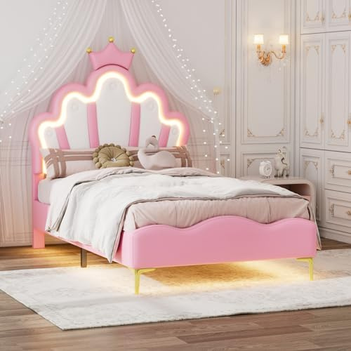 HNOUER Kinderbett 90x200 cm mit LED, Polsterbett für Mädchen Kronen-Einzelbett mit verstellbarem Kopfteil,Bettrahmen mit Lattenrost,PU,ohne Matratze, Rosa