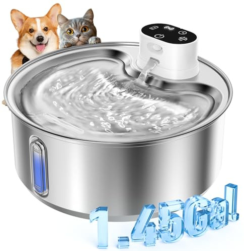 Fontaine pour Chat en Acier Inoxydable, 5,5 L, sans Fil, 5000mAh, 1 Filtre | Batterie 5000 mAh avec détecteur de mouvement, pompe à eau silencieuse, pour Chats et Petits Chiens, Blanc