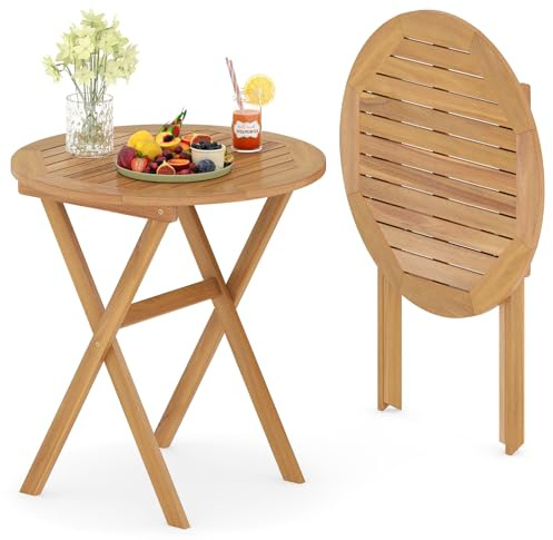 GIANTEX Gartentisch Ø 67 cm aus Akazienholz mit X-Struktur | Klapptisch für Balkon, Garten & Terrasse, faltbarer Beistelltisch, platzsparend, bis 80 kg belastbar, Natur