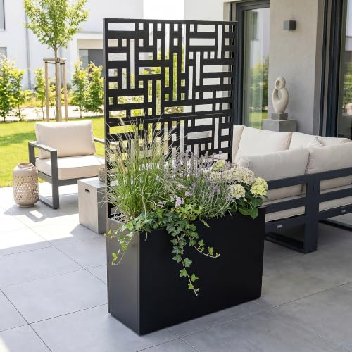 casa.pro Blumenkasten mit Sichtschutz Bernalda 146x83x31 cm Schwarz | Trennwand, Rankgitter, Metall, für Balkon, Terrasse, Pflanzkübel hoch, indoor, outdoor