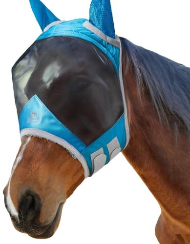 Harrison Howard CareMaster Pro Luminous Pferde Fliegenmaske UV-Schutz Fleece-Polsterung mit Ohrenschutz Dresden Blau Warmblut (L)