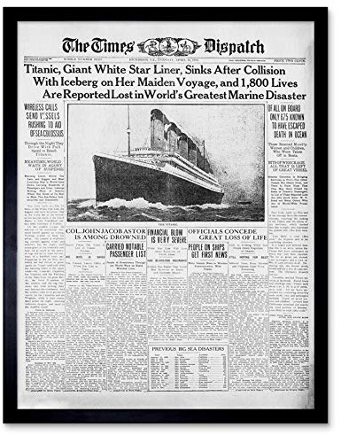 Newspaper Front Sheet Page Titanic Disaster 1912 Times Despatch Art Print Framed Poster Wall Decor 12x16 inch