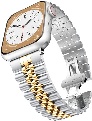 baozai Compatible with Apple Watch 49mm 45mm 44mm 42mm, Solid Stainless Steel iWatch Band Replacement for Apple Watch Ultra2/Ultra & Series 9/8/7/6/5/4/3/2/1/SE for Men, Silver/Gold, 49mm/45mm/44mm