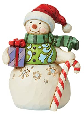 Enesco Jim Shore Heartwood Creek Miniaturfigur, Schneemann mit Geschenk und Zuckerstange, 8,9 cm, mehrfarbig