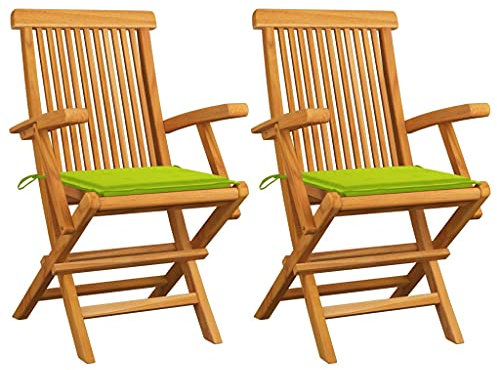 vidaXL 2X Teak Massiv Gartenstuhl mit Hellgrünen Kissen Armlehnen Gartenstühle Klappstuhl Klappstühle Holzstuhl Gartenmöbel Stuhl Stühle