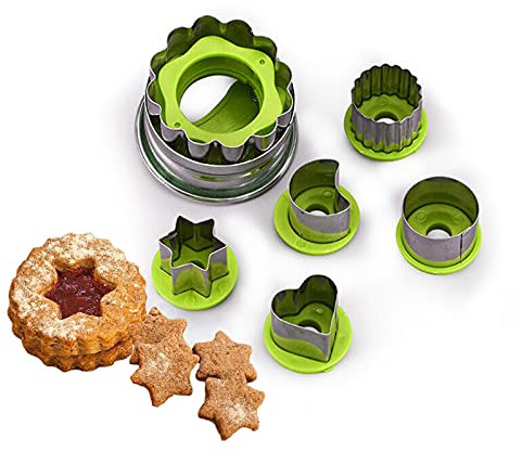 Linzer Cookie Cutters Set, 6 Pcs Stainless Steel Fondant Mould Mini Fluted Geometric Shapes Jam Biscuit Cutters Hollow Xmas Biscuit Mould Pastry Cutters for Birthday Party