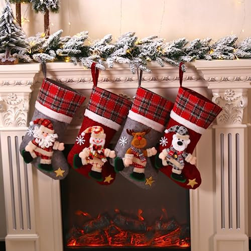 Tiandirenhe Conjunto De 3 Piezas De Calcetín Navideño, 2021 Nuevo Papá Noel Muñeco De Nieve Celosía Reno País Granja País Chimenea Decoración Navideña