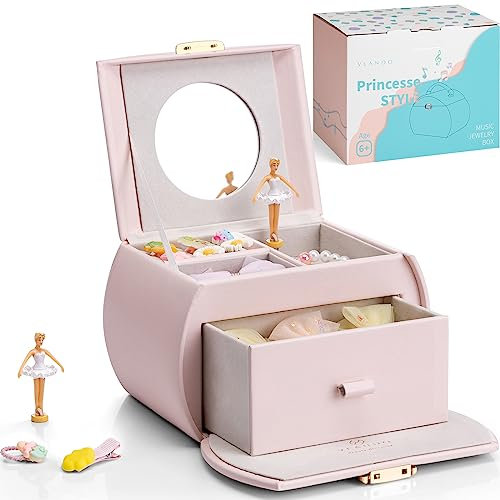 Vlando Spieluhr Schmuckkästchen Mädchen mit Schubladen, Mädchen Geschenke 7 8 Jahre, Schmuckaufbewahrung Kinder, Ballerina Schmuckschatulle aus Leder mit Kanon Melodie, Abschließbar